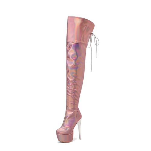 GZHMMAN Overknee-Stiefel für Damen Kniehohe Stiefel Stiefel Runder Kopf Dicke Sohle Stilettos Seitlicher Reißverschluss Hinten Zu Binden,Pink,34 von GZHMMAN