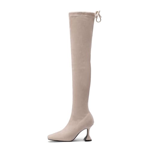 GZHMMAN Overknee-Stiefel für Damen Quadratische Zehenpartie Weinglas-Absatz Schnürung Hinten Passt Zu Einem Kleid und Leggings Absatzhöhe 9 cm,Beige,38 von GZHMMAN