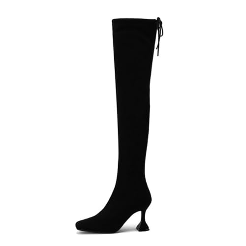 GZHMMAN Overknee-Stiefel für Damen Quadratische Zehenpartie Weinglas-Absatz Schnürung Hinten Passt Zu Einem Kleid und Leggings Absatzhöhe 9 cm,Black1,39 von GZHMMAN