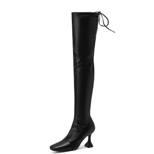 GZHMMAN Overknee-Stiefel für Damen Quadratische Zehenpartie Weinglas-Absatz Schnürung Hinten Passt Zu Einem Kleid und Leggings Absatzhöhe 9 cm,Black2,42 von GZHMMAN