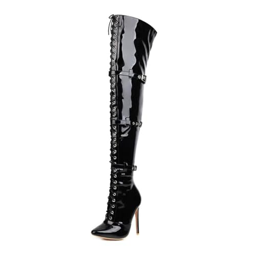 GZHMMAN Overknee-Stiefel für Damen mit Spitzer Spitze Stiletto-Absatz Schnürung Vorne Gürtelschnalle Overknee-Stiefel Passt Zu Kleid und Leggings Absatzhöhe 15 cm,Black,45 von GZHMMAN