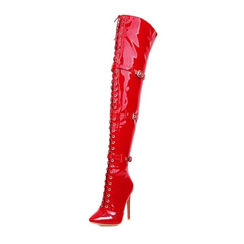 GZHMMAN Overknee-Stiefel für Damen mit Spitzer Spitze Stiletto-Absatz Schnürung Vorne Gürtelschnalle Overknee-Stiefel Passt Zu Kleid und Leggings Absatzhöhe 15 cm,Red,40 von GZHMMAN