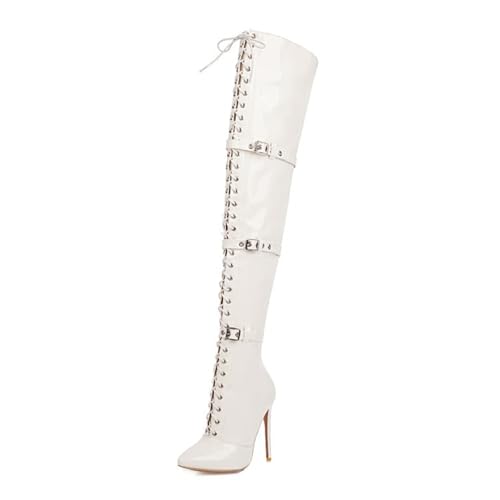 GZHMMAN Overknee-Stiefel für Damen mit Spitzer Spitze Stiletto-Absatz Schnürung Vorne Gürtelschnalle Overknee-Stiefel Passt Zu Kleid und Leggings Absatzhöhe 15 cm,White,36 von GZHMMAN