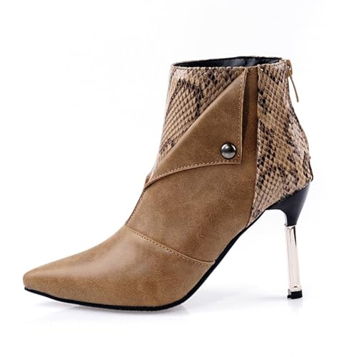 GZHMMAN Stiefeletten Pumps Damen Spitzschuh Stiletto Schuhkette Booties Nähte Seitlicher Reißverschluss Hohe Höhe 9 cm,Brown,33 von GZHMMAN