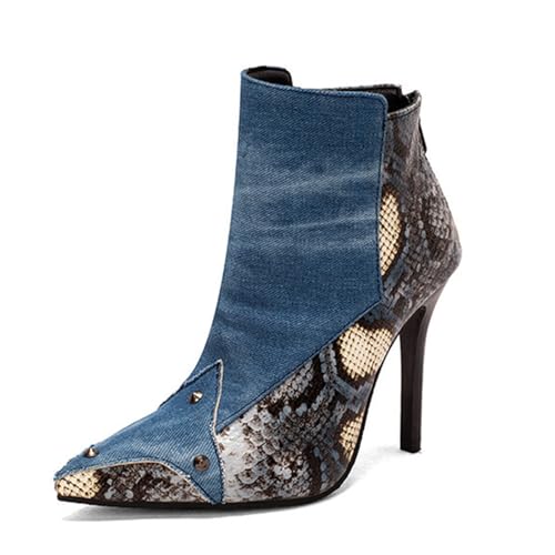 GZHMMAN Stiefeletten Pumps Damen Spitzschuh Stilettos mit Nieten Ketten-Booties mit seitlichem Reißverschluss Hohe Höhe 11 cm,Blue,39 von GZHMMAN