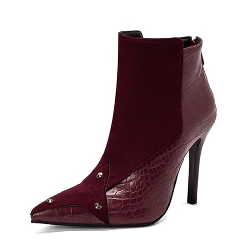 GZHMMAN Stiefeletten Pumps Damen Spitzschuh Stilettos mit Nieten Ketten-Booties mit seitlichem Reißverschluss Hohe Höhe 11 cm,Wine red,38 von GZHMMAN