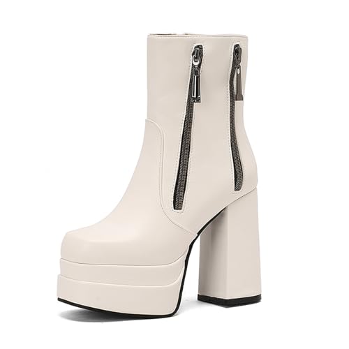 GZHMMAN Stiefeletten für Damen Quadratischer Kopf Doppelschichtige wasserdichte Plattform Dicker Absatz Hoher Absatz Dicke Sohle Höhe 12cm,White,36 von GZHMMAN