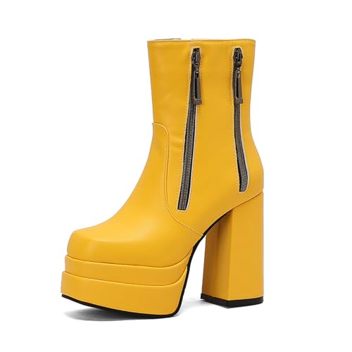 GZHMMAN Stiefeletten für Damen Quadratischer Kopf Doppelschichtige wasserdichte Plattform Dicker Absatz Hoher Absatz Dicke Sohle Höhe 12cm,Yellow,44 von GZHMMAN