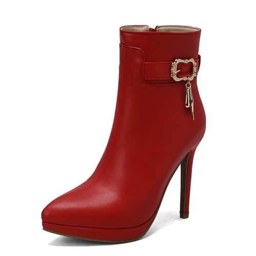 GZHMMAN Stiefeletten mit Spitzer Spitze, Damenstiefeletten Stilettoabsatz und Seitlichem Reißverschluss Schuh Gürtelschnalle Kombinieren Sie Sie Einem Kleid Leggings. Höhe 11 cm,Red,36 von GZHMMAN