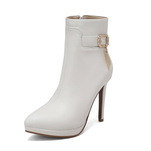 GZHMMAN Stiefeletten mit Spitzer Spitze, Damenstiefeletten Stilettoabsatz und Seitlichem Reißverschluss Schuh Gürtelschnalle Kombinieren Sie Sie Einem Kleid Leggings. Höhe 11 cm,White,43 von GZHMMAN