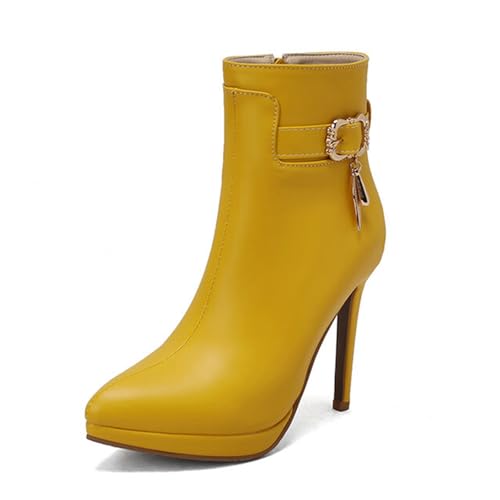 GZHMMAN Stiefeletten mit Spitzer Spitze, Damenstiefeletten Stilettoabsatz und Seitlichem Reißverschluss Schuh Gürtelschnalle Kombinieren Sie Sie Einem Kleid Leggings. Höhe 11 cm,Yellow,33 von GZHMMAN