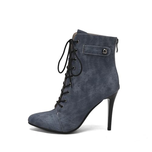 GZHMMAN Stiefeletten mit Spitzer Spitze Damenstiefeletten Stilettoabsatz und Seitlichem Reißverschluss PU-Nieten Jeansschuh Hinten Schnürung Vorne Kombinierbar Kleid Leggings Höhe 10 cm,Dark Blue,37 von GZHMMAN