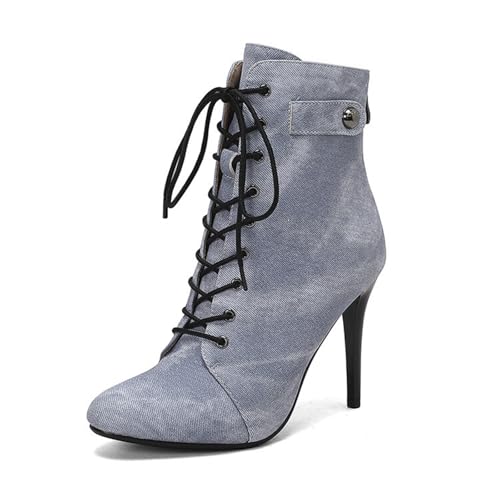 GZHMMAN Stiefeletten mit Spitzer Spitze Damenstiefeletten Stilettoabsatz und Seitlichem Reißverschluss PU-Nieten Jeansschuh Hinten Schnürung Vorne Kombinierbar Kleid Leggings Höhe 10 cm,Light Blue,38 von GZHMMAN