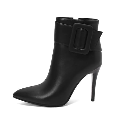 GZHMMAN Stiefeletten mit Spitzer Spitze für Damen Stilettoabsatz Seitlicher Reißverschluss Stiefeletten in Volltonfarbe Gürtelschnalle Passt Zu Kleid und Leggings Höhe 10 cm,Black,35 von GZHMMAN