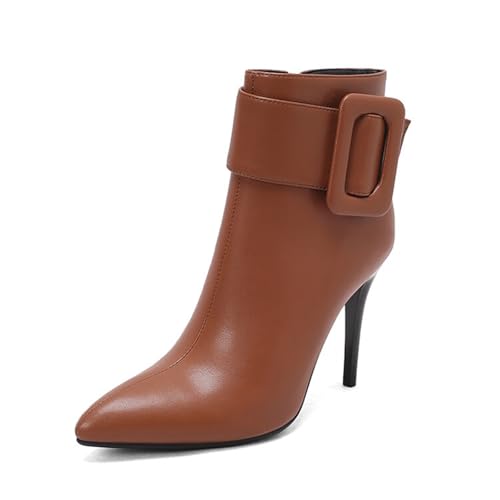 GZHMMAN Stiefeletten mit Spitzer Spitze für Damen Stilettoabsatz Seitlicher Reißverschluss Stiefeletten in Volltonfarbe Gürtelschnalle Passt Zu Kleid und Leggings Höhe 10 cm,Brown,41 von GZHMMAN