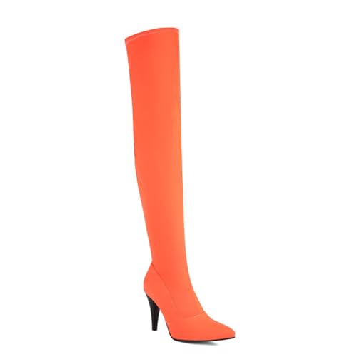 GZHMMAN Weibliche Dehnung Overknee-Stiefel Kniehohe Stiefel Oberschenkelstiefel Hoher Absatz Spitze Spitze Dünne Absätze Seitlicher Reißverschluss 9CM Hoch,Orange,40 von GZHMMAN