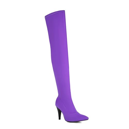 GZHMMAN Weibliche Dehnung Overknee-Stiefel Kniehohe Stiefel Oberschenkelstiefel Hoher Absatz Spitze Spitze Dünne Absätze Seitlicher Reißverschluss 9CM Hoch,Purple,37 von GZHMMAN