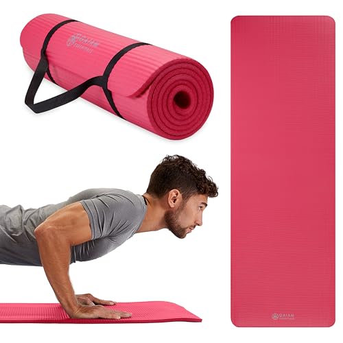 Gaiam Essentials, dicke Yogamatte, Fitness- und Trainingsmatte mit leicht zu verwendendem Yogamatten-Tragegurt, 183 cm L x 61 cm B x 1 cm dick, Rosa von Gaiam