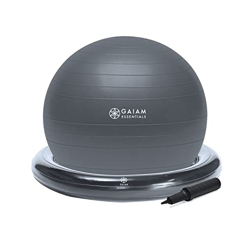 Gaiam Essentials Balance Ball & Base Kit, 65 cm Yoga Ball Stuhl, Gymnastikball mit aufblasbarer Ringbasis für Zuhause oder Büro, inkl. Luftpumpe, Grau von Gaiam