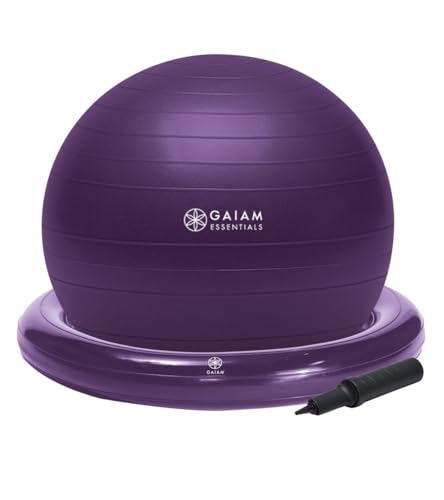 Gaiam Essentials Balance Ball & Base Kit, 65 cm Yoga Ball Stuhl, Gymnastikball mit aufblasbarer Ringbasis für Zuhause oder Büro, inklusive Luftpumpe, Violett von Gaiam