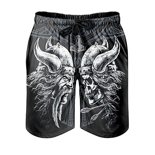 Gamoii Herren Badehose Beachshorts Wikinger Odin Schädel Totenkopf Schwarz Badeshorts Komfortable 3D Druck Mesh Futter Strand Shorts Freizeithosen Einstellbare Kordelzug Seitlichen White 5XL von Gamoii