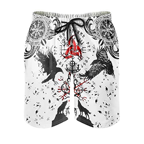 Herren Beachshorts Badehose Wikinger Tattoo Die Raben Krähe Boardshort Modern 3D Print Grafik Mesh-Futter Strand Kurze Hose Freizeit Kurze mit Tunnelzug Seitlichen Taschen White s von Gamoii