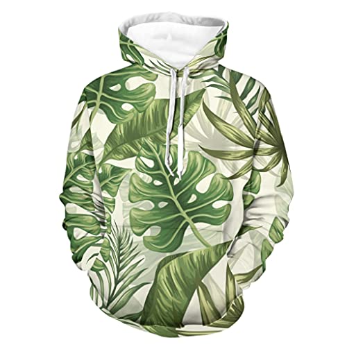 Unisex Kapuzenpullover Tropische Palmblätter Grünes Bananenblatt Monstera 3D-Druck Pullover Lustige Sweat Taschen Hoodies Top White XXL von Gamoii