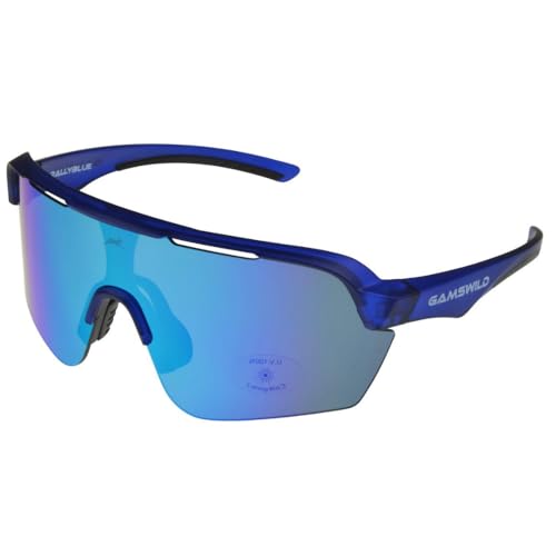 Gamswild WS7138 Sonnenbrille Einscheibenmodell Sportbrille Fahrradbrille Skibrille Damen Herren Unisex | weiß | pink | beere | blau | schwarz | mintgrün, Farbe: Blau von Gamswild