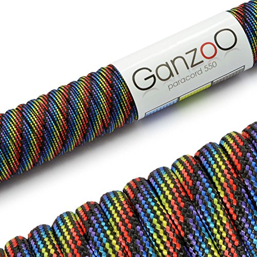 Ganzoo © Paracord 550 Seil 4mm Outdoor-Schnur | 30 Meter | Typ 3 | Nylon & Polyester| 7 Innenstränge | Allzweckseil für Hundehalsband | Hundeleine & Knüpfen | Camping & Survival | Dark Rainbow von Ganzoo