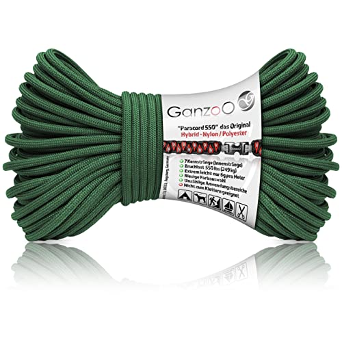 Ganzoo © Paracord 550 Seil | 4mm Ø | Nylon/Polyester |Typ Hybrid | Armband Hunde-Leine | Hunde-Halsband | 250Kg. Bruchlast | Outdoor rope| Camping Schnur | Allzweckseil | 30 Meter | Dunkelgrün von Ganzoo