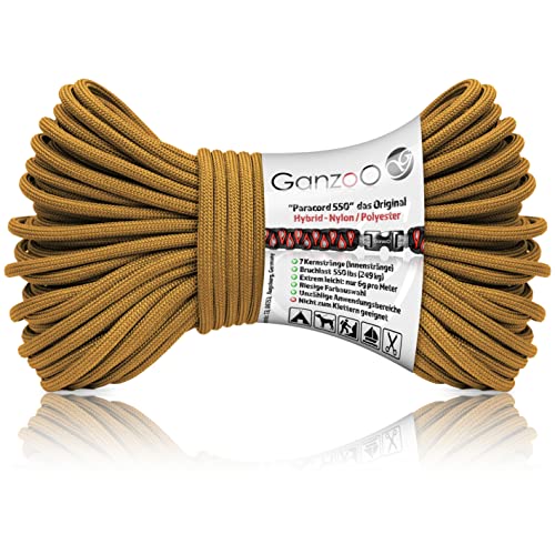 Ganzoo Paracord 550 Seil Gold-Braun/Typ Hybrid für Armband, Leine, Halsband, Nylon/Polyester Hybrid-Seil, Neue Ausführung, 30 Meter (Caramel) von Ganzoo