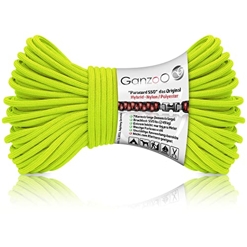Ganzoo Paracord 550 Seil Neon-Grün/Typ Hybrid für Armband, Leine, Halsband, Nylon/Polyester Hybrid-Seil, Neue Ausführung, 30 Meter (Lime) von Ganzoo