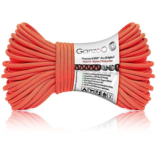 Ganzoo Paracord 550 Seil Neon-Orange/Typ Hybrid für Armband, Leine, Halsband, Nylon/Polyester Hybrid-Seil, Neue Ausführung, 30 Meter von Ganzoo