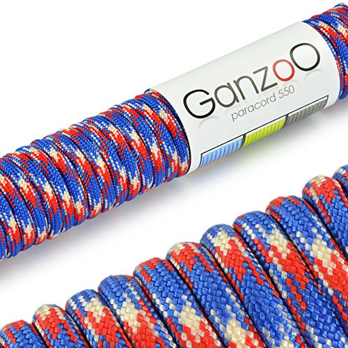 Paracord 550 Seil Blau | Rot | Weiß | 31 Meter Nylon/Polyester-Seil mit 7 Kern-Stränge | für Armband | Knüpfen von Hunde-Leine oder Hunde-Halsband zum selber machen | Seil mit 4mm Stärke | Mehrzweck-Seil | Survival-Seil | Parachute Cord belastbar bis 250kg (550lbs) - Marke Ganzoo von Ganzoo