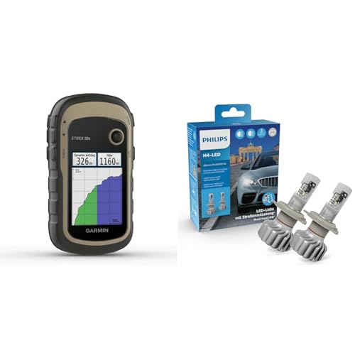 Garmin eTrex 32x Wander-GPS mit vorinstallierter TopoActive Europa-Karte mit routingfähigen Straßen und Wegen Grün & Philips Ultinon Pro6000 H4-LED Scheinwerferlampe mit Straßenzulassung von Garmin