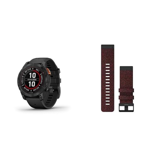 Garmin fēnix 7 PRO SOLAR, Multisport GPS Smartwatch, Advanced Health and Training Features QuickFit 26 Watch Bands- Heathered Red Nylon von Garmin