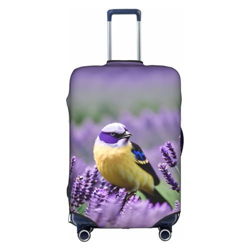 GaxfjRu Gepäckabdeckung mit Vogel in lila Lavendel, Blumenmuster, personalisierbar, TSA-geprüft, Kofferabdeckungen für Gepäck, 71,1 cm, große Kofferhülle, Weiß, Small von GaxfjRu