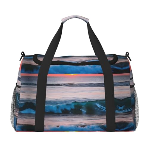 Reisetasche mit Sonnenuntergang und Sonnenaufgang mit Meereswellen-Druck, Wochenendtasche, Turnbeutel, Übernachtungstaschen, Reiseutensilien für Damen und Herren, Schwarz , Einheitsgröße von GaxfjRu