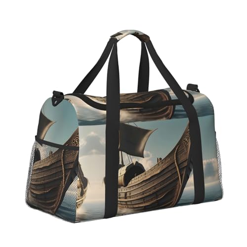 Reisetasche mit altem Wikinger-Boot-Druck, Wochenendtasche, Turnbeutel, Übernachtungstaschen, Reiseutensilien für Damen und Herren, Schultertasche, Schwarz , Einheitsgröße von GaxfjRu