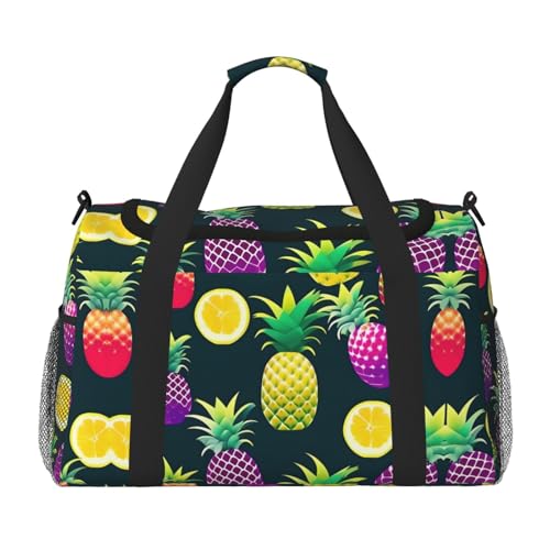 Reisetasche mit buntem Ananas-Druck, Wochenendtasche, Turnbeutel, Übernachtungstasche, Reisezubehör für Damen und Herren, Schultertasche, Schwarz , Einheitsgröße von GaxfjRu