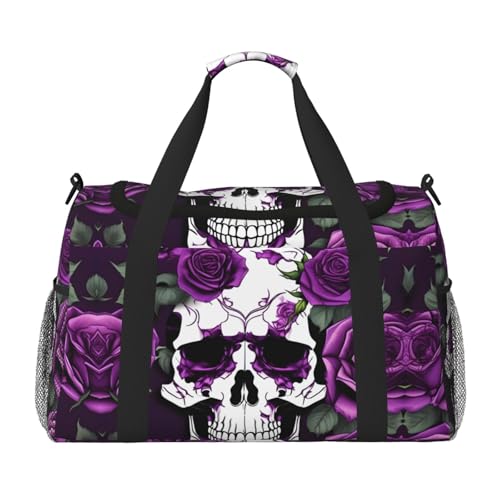 Reisetasche mit violettem Rosen-Skelett-Druck, Wochenendtasche, Turnbeutel, Übernachtungstaschen, Reiseutensilien für Damen und Herren, Schultertasche, Schwarz , Einheitsgröße von GaxfjRu