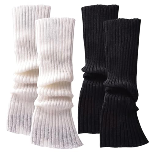 Gcroet Beinwärmer für Mädchen 2 Paare weiße und Schwarze Beinwärmer gerippte gestrickte Beinwärmer Langer Stiefel Socken für Frauen Wintergeschenk von Gcroet