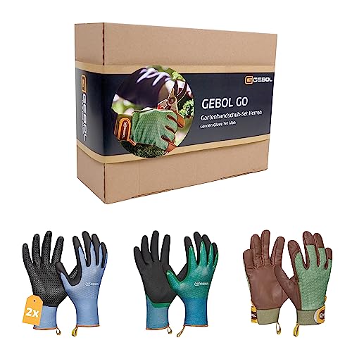 Gebol GO Gartenhandschuh-Set Herren | Größe L (Gr. 9) | Profi Ausstattung für die Gartenarbeit | Leder- und Strickhandschuh Mix für Gärtner | Für Herren | 4 Paar von Gebol