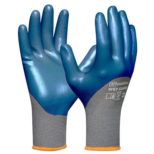 Gebol Wet Guard blau | Größe M (Gr 8) | Arbeitshandschuh mit öl- und wasserfester Nitril Beschichtung | griffsichere Polyester Schutzhandschuhe | für Damen und Herren | grau, blau | 1 Paar von Gebol