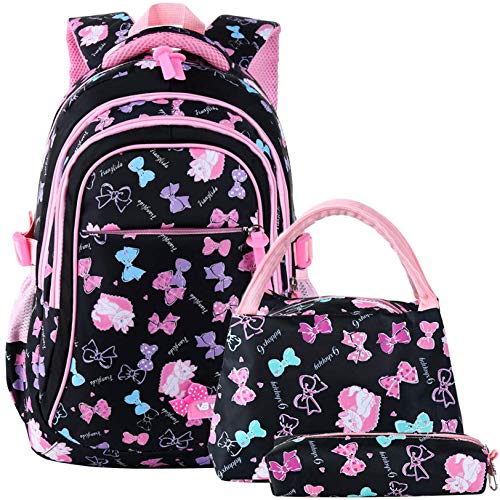 Rucksack Mädchen Schule 3 Teile Set Schulranzen Mädchen Schulrucksack Schultasche Floral Rucksack Kinder Daypack für Schule und Freizeit (Schwarz) von Geek-M