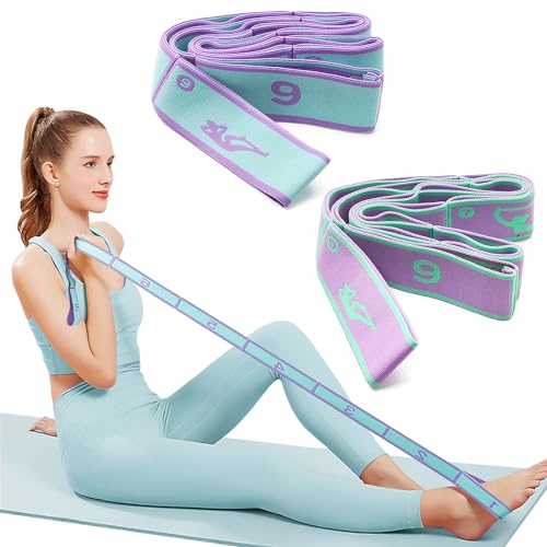 Gemtte 2 Stück Yoga Gurt, Yoga Stretching Band mit 8 Schleifen, Fitness Stretchband, Hochelastischer Yoga Dehnungsband, Ideal für Pilates, Tanz, Gymnastik, Effektives Dehnung und Yoga-Training von Gemtte