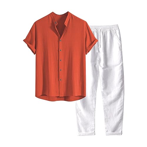 2-teiliges Leinen-Outfit für Herren mit Knopfleiste lässig lockere Hose Herren 2 Stück Casual Leinen Outfits Sommer Kubanischen Kragen Walking Anzüge für Strand Urlaub Sportlich von Generic