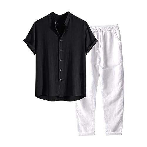 2-teiliges Leinen-Outfit für Herren mit Knopfleiste lässig lockere Hose Herren 2 Stück Casual Leinen Outfits Sommer Kubanischen Kragen Walking Anzüge für Strand Urlaub von Generic