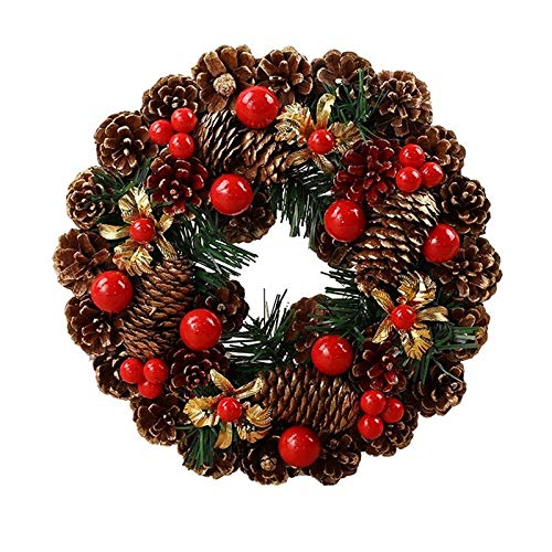 27 cm Weihnachtskranz, handgefertigt, Rattan-Girlande, künstlicher Tannenzapfen, rote Beere, Festival, hängender Türkranz, Weihnachtsdekoration von Generic