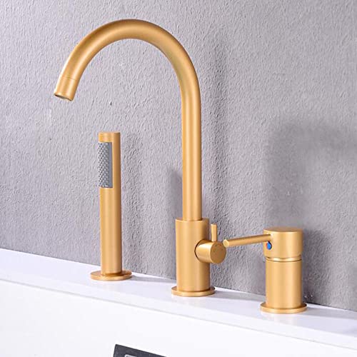 3-Loch-Wasserhähne für Badezimmer, Messing, Badewannen-Wasserhahn, drehbar, Warmwasser und Kaltwasser, ausziehbare Dusche, Badezimmer-Wasserhahn, Gold von Generic